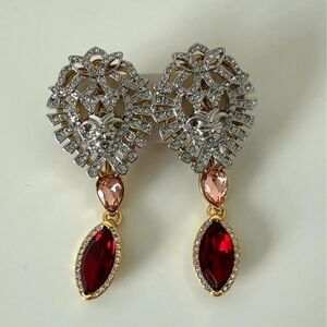 Elegant Silver and Gold Earrings with Red and Pink Accents